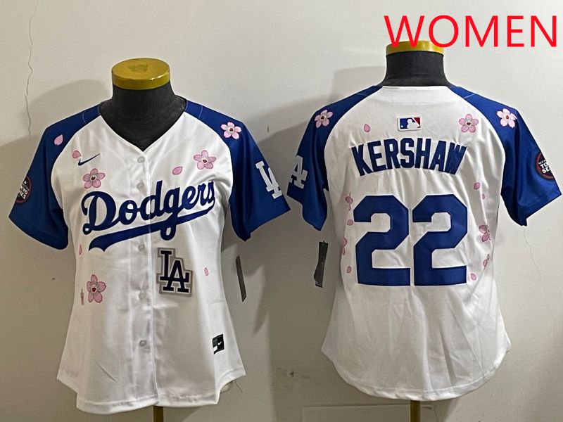 Women Los Angeles Dodgers #22 Kershaw White Blue Sakura Edition 2025 Nike MLB Jersey style 9->women mlb jersey->Women Jersey